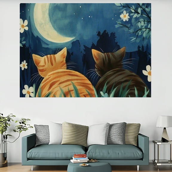 ZFLMY Cats Grass Moon Tapestry Wall Hanging, Home Wall Art Decor for Decorative Bedroom and Living Room, 100% Polyester 60x40in