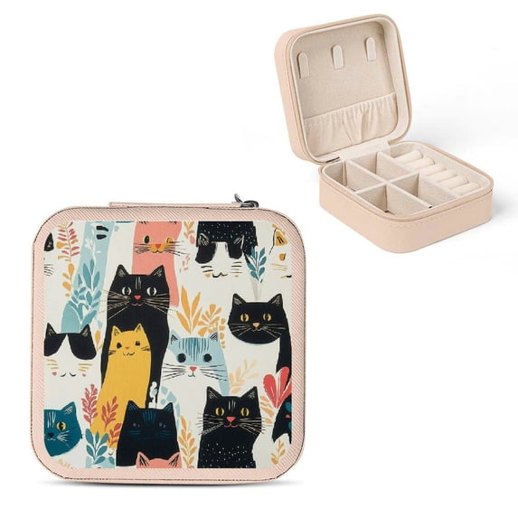 ZFLMY Cats Wallpaper Pattern Small Jewelry Box for Women, Bridesmaid Gifts, Travel Essential to Store Necklace, Ring, Earring Pink