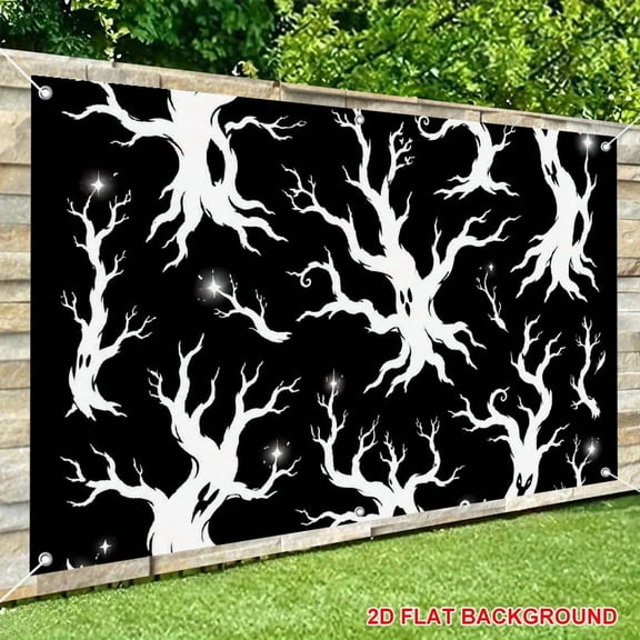 ZFLMY  Celebrate Photography Background Party, White Spooky Tree Silhouette Clipart Print  Large Banner for Home Decor, Backdrop Banner Decor Indoor Outdoor