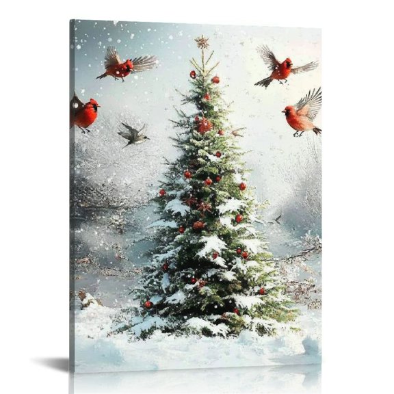ZFLMY Christmas Tree Birds Snow Print On Canvas Wall Art Home Decor Living Room Office 12x16/16x20 Inches 12x16in
