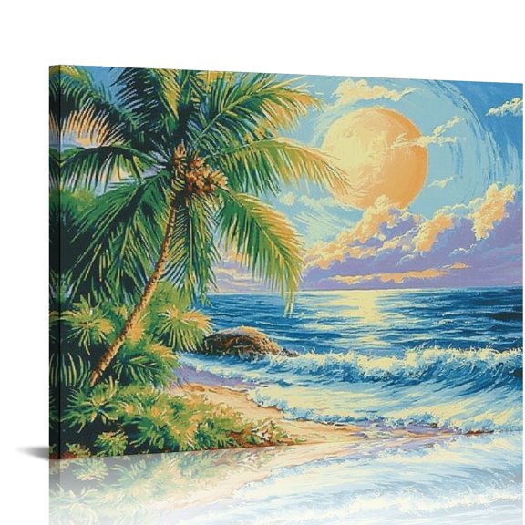 ZFLMY Coconut Trees Beach Full Moon Canvas Wall Art Modern Prints Ready To Hang Home Decor 20x16in