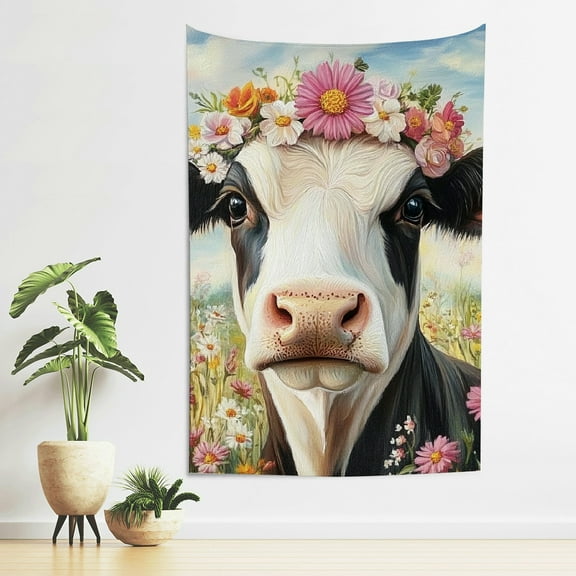 ZFLMY Cow Flower Crown Flowers Wall Hanging Tapestry Home Decor 40*60in