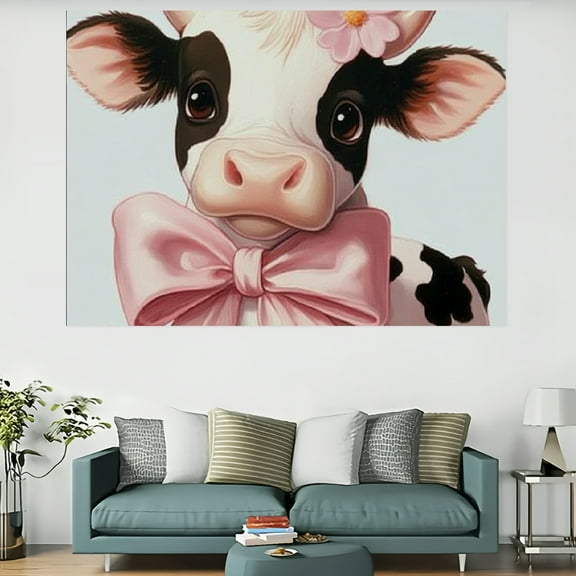 ZFLMY Cow with Pink Bow and Flower Wall Hanging, 100% Polyester for Bedroom Living Room Dorm Decor, Decorative Wall Art Tapestry, Various Sizes Available 60x40in