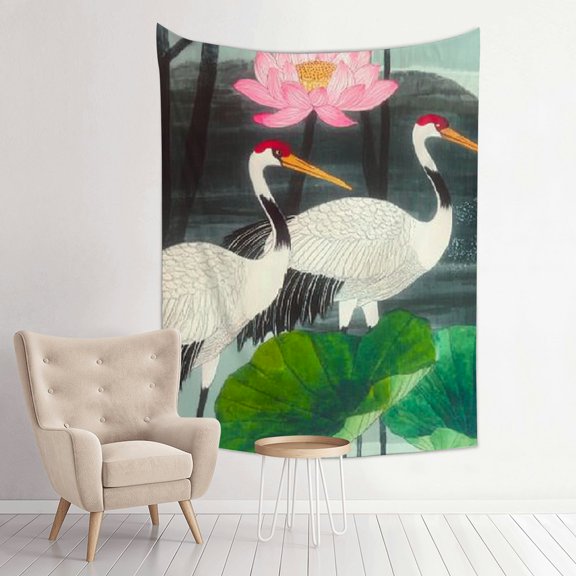 ZFLMY Cranes Water Lilies Silk Screen Print Tapestry Wall Art 30*40in