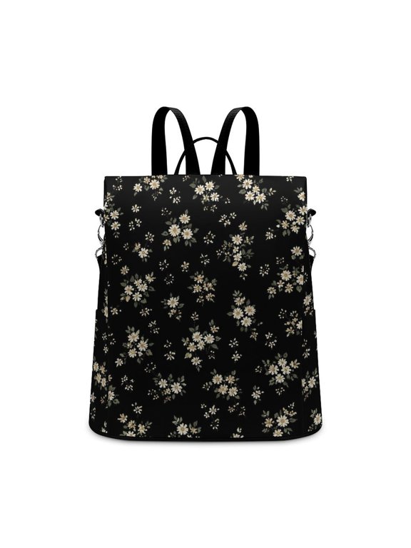 Cream White Daisy Seamless Pattern On Black Background Anti Theft Backpack, Purse for Women, Secure Back Zipper, Multi-Purpose Rucksack Backpack With Adjustable Strap, Womens Travel Backpack, L