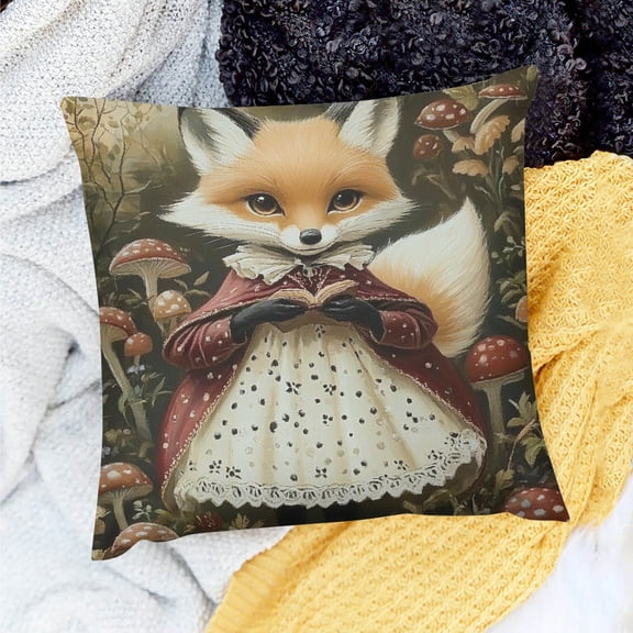 ZFLMY Cute Fox Pillow Cover Jungle Autumn Leaves Cartoon Mushroom Cushion Cover for Kids Boys Girls Teens Cartoon Animal Fall Rustic Style Pillow Case for Bed Living Room 24x24in