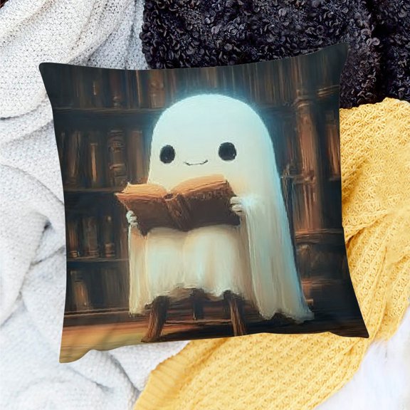 ZFLMY Cute Ghost Throw Pillow Cover Kids Halloween Book Library Cushion Case for Boys Girls Spooky Decor Pillowcase 18x18in