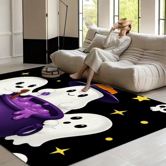 ZFLMY Cute Ghosts Purple Magic Cauldron Washable Area Rug for Living Room, Non Slip Large Decor Carpet for Bedroom Dining Office