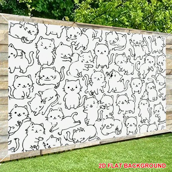ZFLMY Cute Kitten Line Art Repeat Pattern Backdrop Banner, Polyester Celebrate Photography Background Party, Large Banner for Home Decor Decor Indoor Outdoor