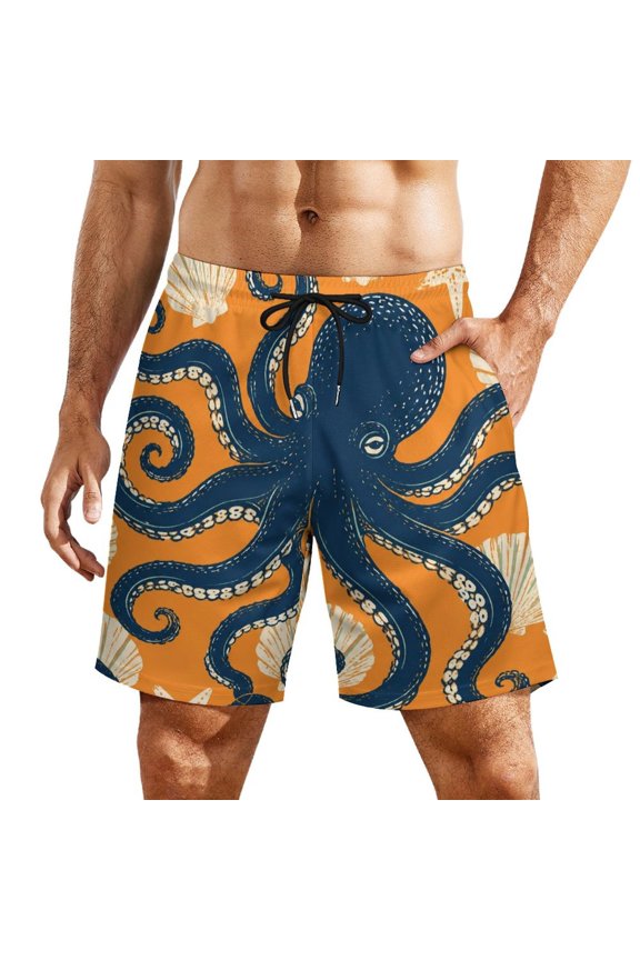 Dark Octopus Shell Pattern Men's Beach Shorts, Breathable Mesh Lining Quick Dry with Pockets, Casual Swimwear for Adults,