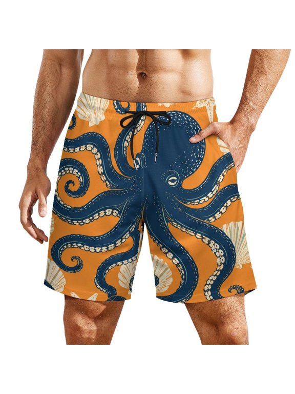 Dark Octopus Shell Pattern Men's Beach Shorts, Breathable Mesh Lining Quick Dry with Pockets, Casual Swimwear for Adults,