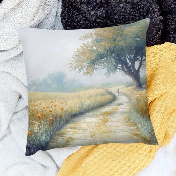 ZFLMY Decor Indoor Decoration Road Field Person Walking Theme Pillow Cover for Home Sofa Couch - 100% Linen, Set of 1, Various Sizes 18x18in