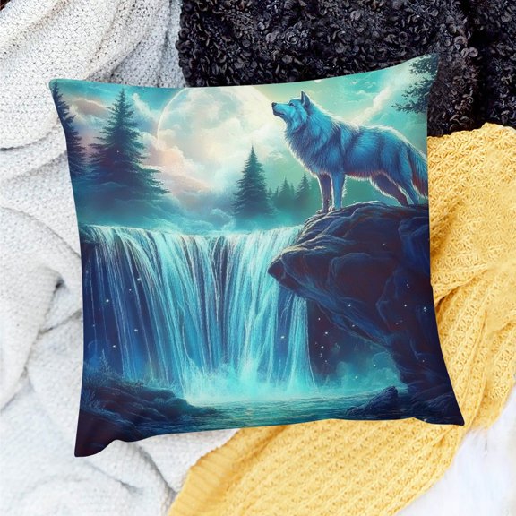 ZFLMY Decor Indoor Decoration Wolf Waterfall Moon Home Decor Throw Pillows Cover for Home Sofa Couch Linen 100% 24x24in