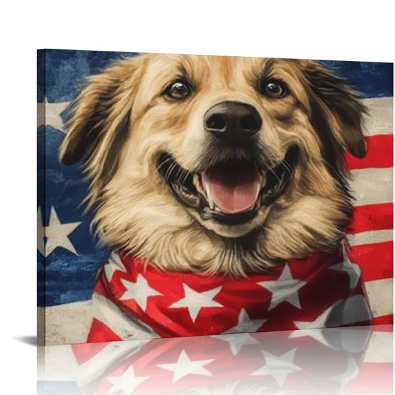 ZFLMY Dog with Bandana and Flag Canvas Wall Art Decor for Home Living Room Bedroom Kitchen Bathroom Office Salon Bar, Modern Prints Ready To Hang Room Home Art Decor 20x16in