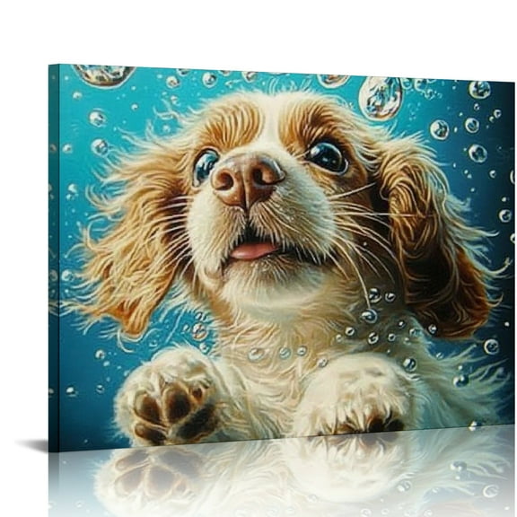 ZFLMY Dog Bubbles Underwater Canvas Print Wall Decor Modern Art Ready To Hang Home Decor 16x12in