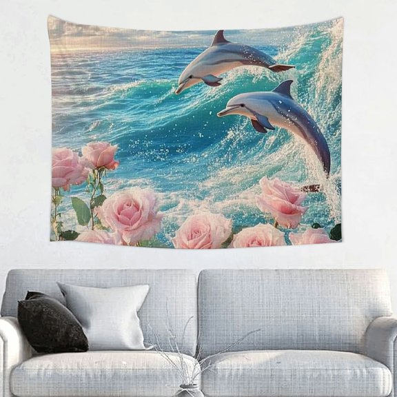 ZFLMY Dolphins Roses Wave Tapestry Wall Hanging for Home Decor 40x30in