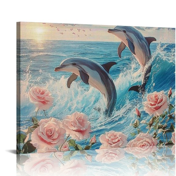 ZFLMY Dolphins Roses Wave Wall Decor Canvas Print Art Ready To Hang 16x12in