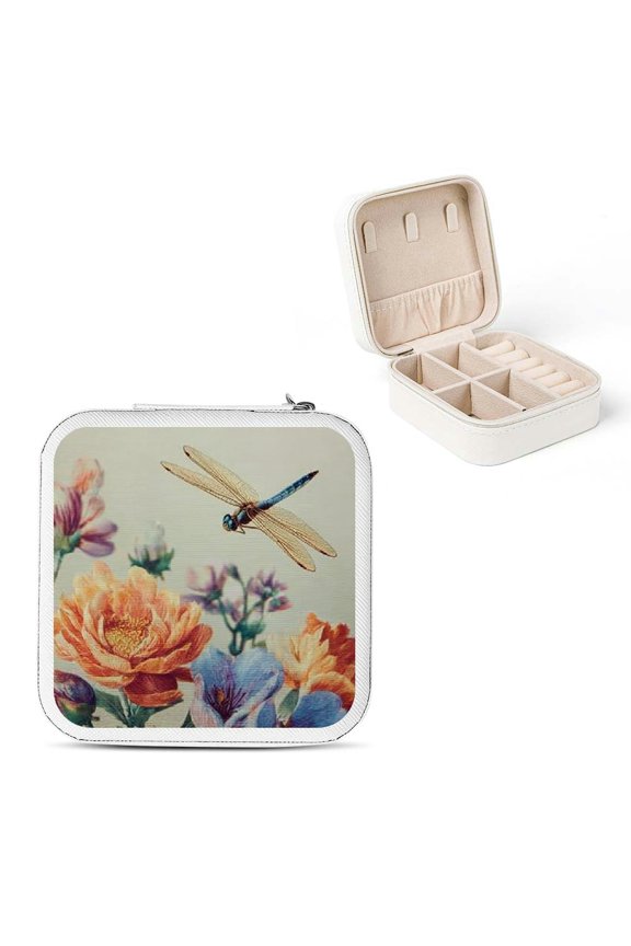 Dragonfly Bouquet Flowers Travel Jewelry Box for Necklaces Rings White