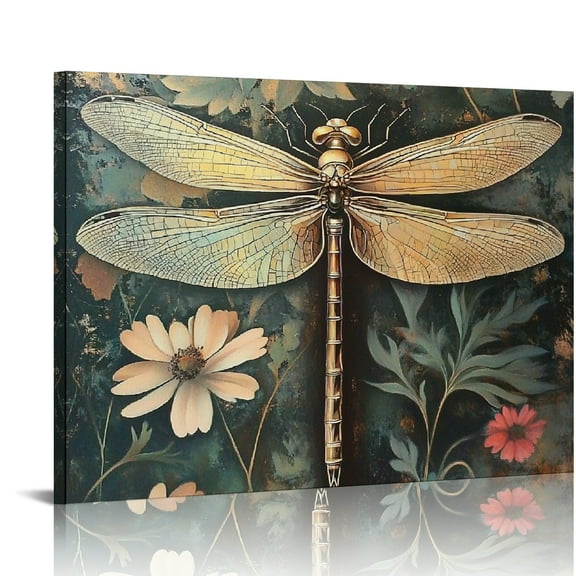 ZFLMY Dragonfly Flower Butterfly Canvas Art Print Modern Wall Decor Ready To Hang Home Room Art 16x12in