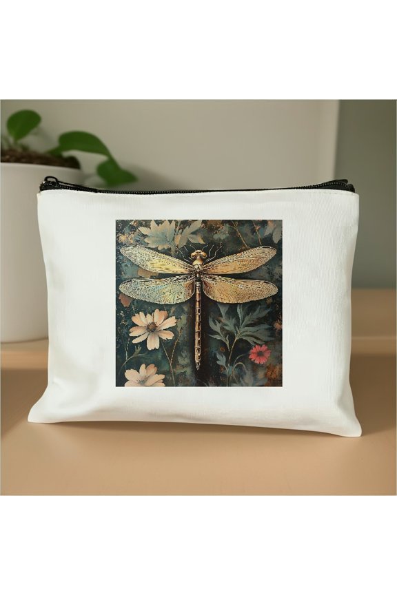 Dragonfly Flower Butterfly Tote Bag Travel Essentials Ladies Accessories 8 x 7 Inches White