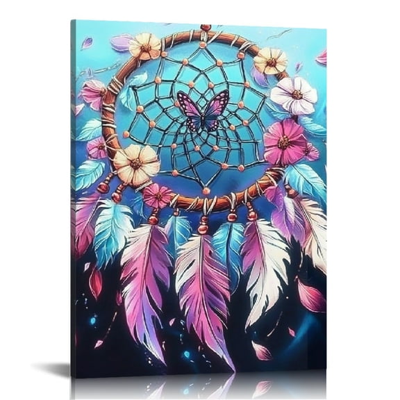 ZFLMY Dream Catcher Flowers Butterfly Canvas Wall Art Decor 12x16in