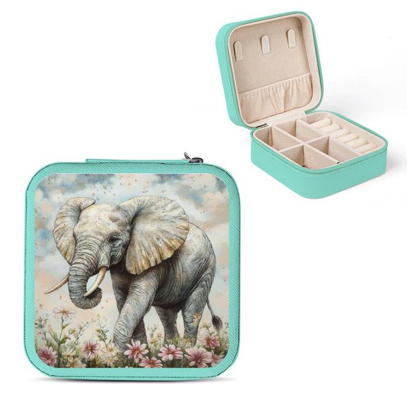 ZFLMY Elephant Flowers Sky Jewelry Box PU Leather Organizer Green