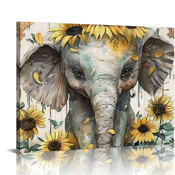 ZFLMY Elephant Sunflowers Wood Canvas Wall Decor for Home Living Room Bedroom Kitchen Bathroom Office Hotel Salon, Ready To Hang Art Decor 16x12in