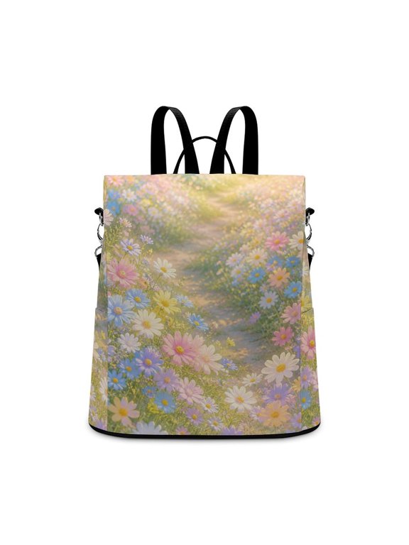 Falling Pastel Multicolor Cosmos Flowers With Confetti On Beige Background Anti Theft Backpack, Purse for Women, Secure Back Zipper, Multi-Purpose Rucksack Backpack With Adjustable Strap, Women