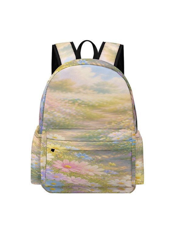 Falling Pastel Multicolor Cosmos Flowers With Confetti On Beige Background Printed Oxford Backpack, Large Capacity Laptop Backpack, Water Resistant, Travel Daypack for College Work Commuting
