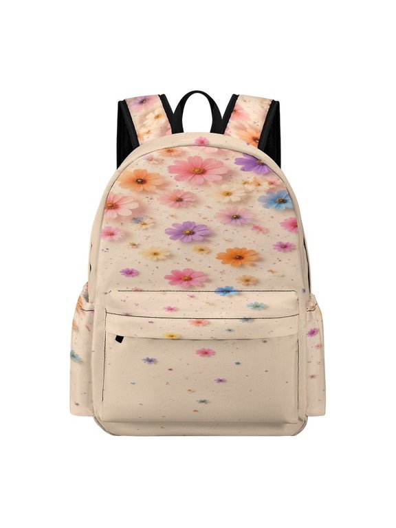 Falling Pastel Multicolor Cosmos Flowers With Confetti On Cream Background Printed Oxford Backpack, Large Capacity Laptop Backpack, Water Resistant, Travel Daypack for College Work Commuting