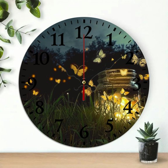 ZFLMY Fireflies Grass Magical Realism Theme 10-Inch Round Wooden Wall Clock for Home Decor 10x10in