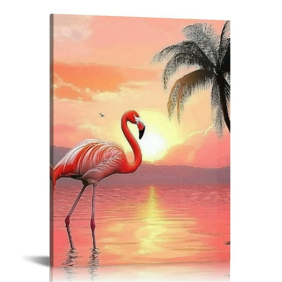 ZFLMY Flamingo Palm Tree Sunset Canvas Wall Art Print, Home Decor for Living Room Bathroom Bedroom Office, Ready to Hang 12x16in
