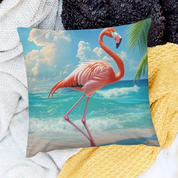ZFLMY Flamingo Throw Pillow Cover, Palm Trees Pillow Cover, Tropics Seagull Wave Summer Ocean Vacation Theme Cushion Cover, Wildlife Cartoon Decorative Pillow Cover, Orange Green 24x24in