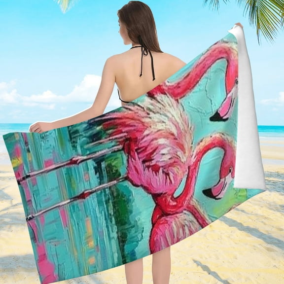 ZFLMY Flamingos Painting Kitsch Beach Towel for Women, Ultra-Soft Microfiber Machine Washable, Bathroom, Beach, Yoga, Camping, Hiking, Oversize 55.1x27.6 55.1x27.6in