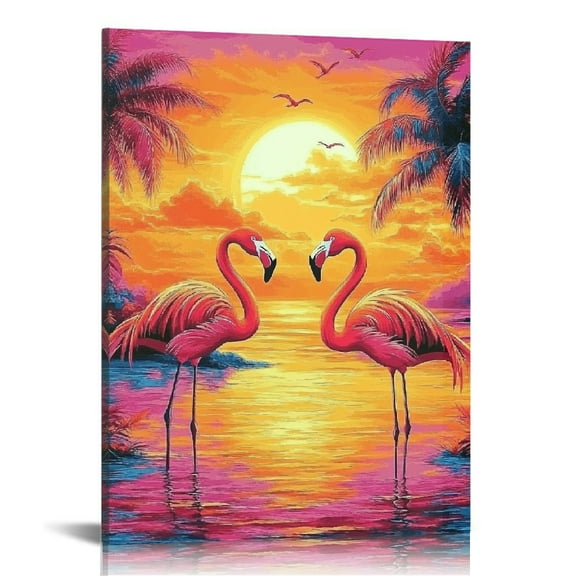 ZFLMY Flamingos Sunset Palm Trees Wall Art Canvas Prints for Home Decor Living Room Bedroom Office, Tropical Wall Decor Pictures 12x16in