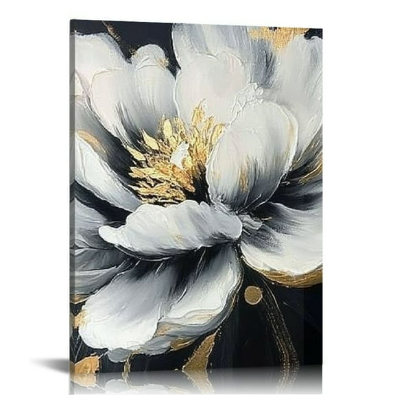 ZFLMY Flowers Gold Accents Black Background Canvas Prints Wall Art Modern Decor for Home Living Room Bathroom Bedroom Office, 12x16/16x20 Inches 12x16in
