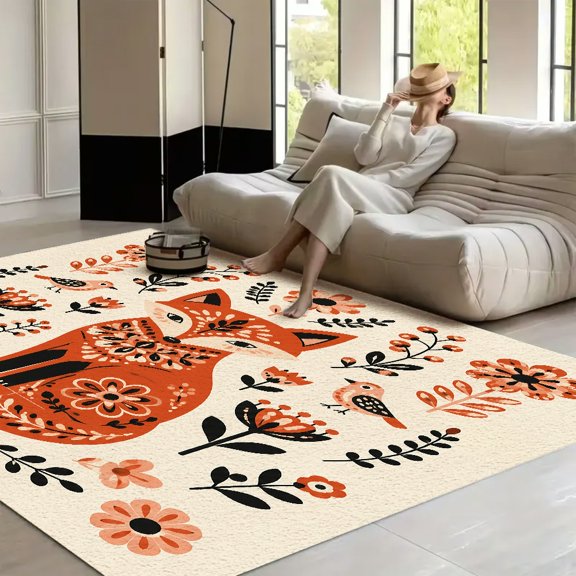 ZFLMY Folk Art Fox Velvet Area Rug Non‑Slip Indoor Floor Carpet for Bedroom Living Room Dining & Hallway Decoration