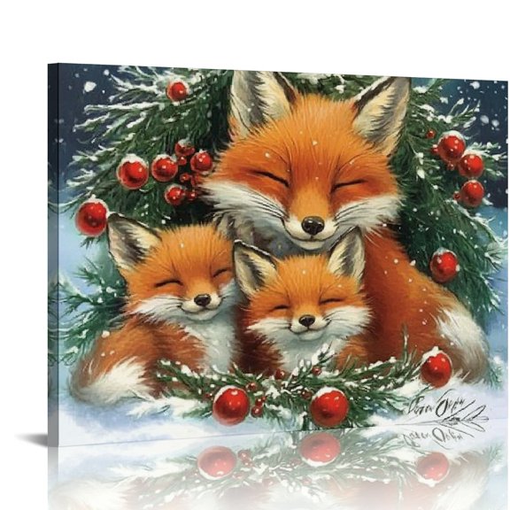 ZFLMY Fox Cubs Art Modern Canvas Prints Christmas Wall Art Decor, Ready To Hang Room Home Art Decor 16x12in