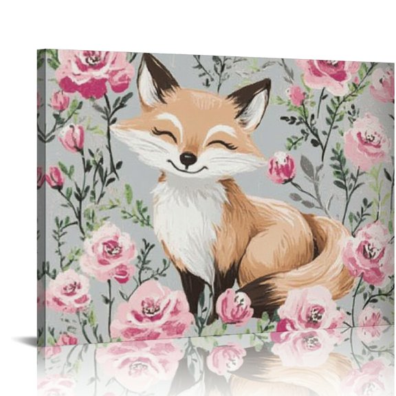 ZFLMY Fox Flowers Art Modern Canvas Prints Wall Decor For Bedroom Kitchen, Ready To Hang Room Home Art Decor 16x12in