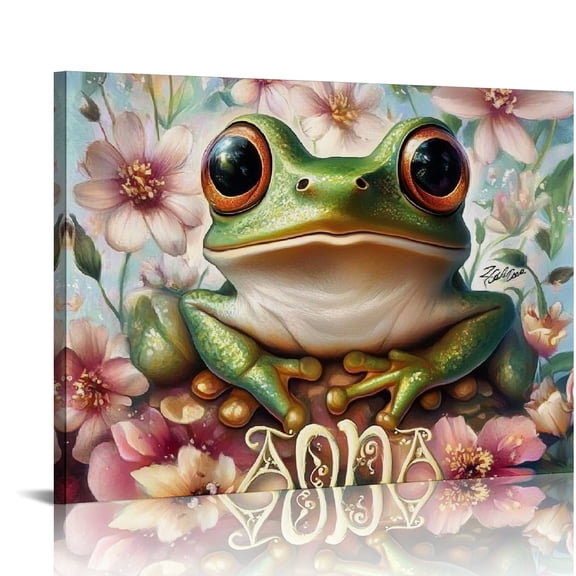 ZFLMY Frog Flowers Fantasy Art Canvas Wall Decor for Bathroom, Living Room, Bedroom - Ready To Hang Home Art Decor 16x12in