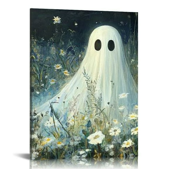 ZFLMY Ghost Flowers Field Canvas Wall Art Home Decor for Living Room Bathroom Bedroom Office, Ready to Hang Halloween Print 12x16in