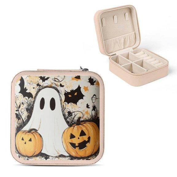 ZFLMY Ghost Pumpkins Halloween Travel Jewelry Box for Necklaces Rings Pink