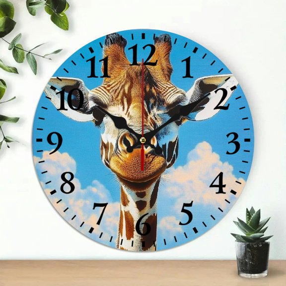 ZFLMY Giraffe Clouds Round Wooden Wall Clock for Home Decor Wall Hanging Decor, Battery Operated, Perfect for Living Rooms, Kitchens, Dorms, 10 Inches 10x10in