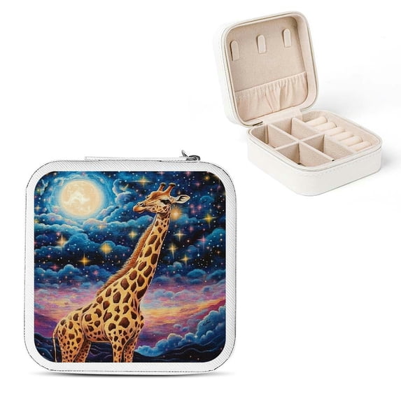 ZFLMY Giraffe Night Sky Travel Jewelry Case Organizer for Necklace, Ring, Earring - Compact Size, Multiple Storage Spaces, Zipper Closure White