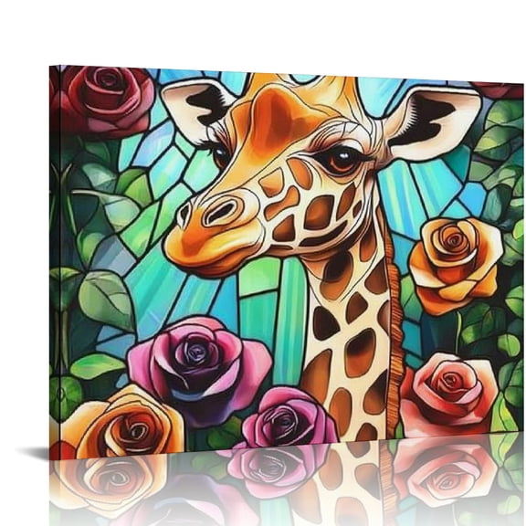 ZFLMY Giraffe Roses Stained Glass Canvas Wall Art Decor for Bathroom Modern Prints Ready To Hang Home Room Decor 16x12in