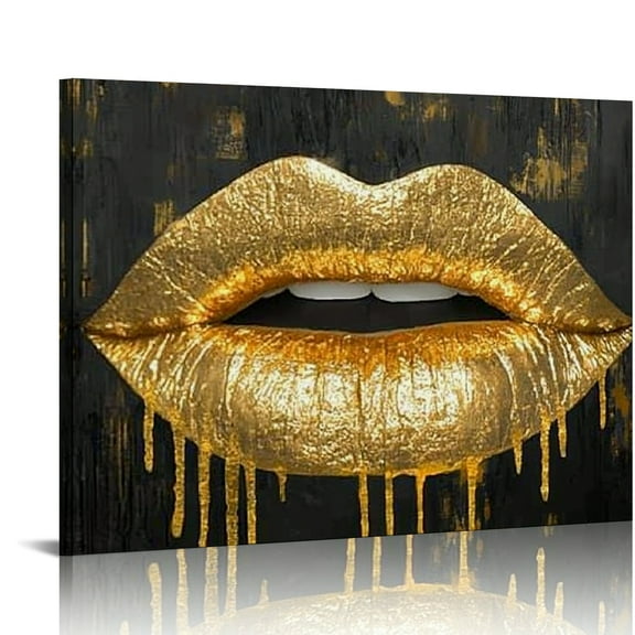 ZFLMY Gold wall decoration black and gold lip canvas wall art fashion charm kiss picture bedroom bathroom wall decoration can be hung directly 20x16in