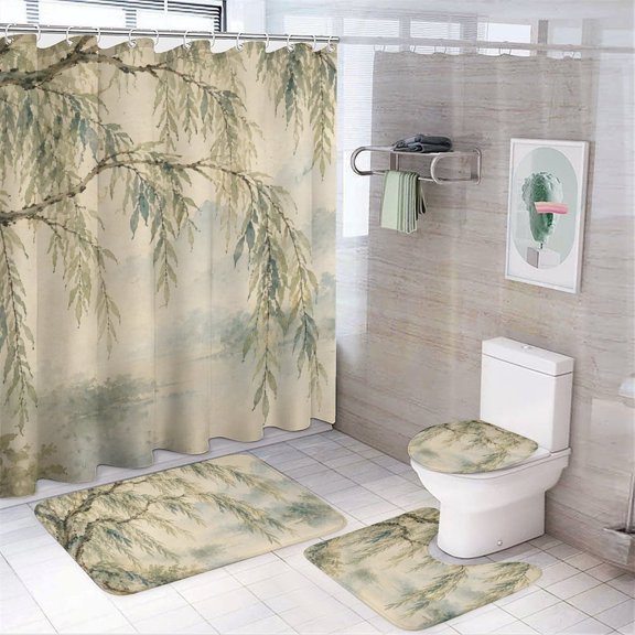 ZFLMY Ink Willow Distant Mountains Shower Curtain Set 4 Piece with Soft Bathroom Rugs, Carpet, Toilet Seat Cover Pad and Anti-slip U-shaped Pad
