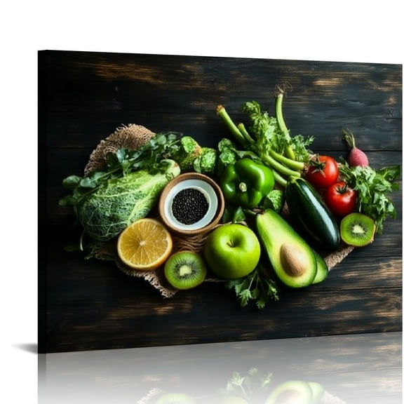 ZFLMY Kitchen Wall Decor Canvas Art, Green Vegetable Canvas Print for Dining Room Decor, Contemporary Vegetable Picture Kitchen Framed Painting for Restaurant Decoration-Ready to Hang 16x12in