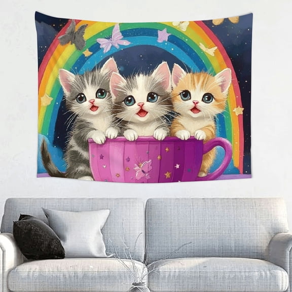 ZFLMY Kittens Rainbow Cup Home Wall Tapestry Art Decorations for Dorm, 100% Polyester Tapestry Wall Hanging for Decorative Bedroom and Living Room, Various Sizes Available 40x30in