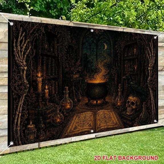 ZFLMY Large Banner for Home Decor, Witch Library Cauldron Print Backdrop Banner, Celebrate Photography Background Party Decor Indoor Outdoor